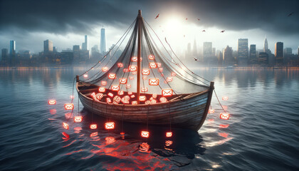 Phishing concept. A phishing boat trawling for victims. Cybersecurity concept.  - obrazy, fototapety, plakaty