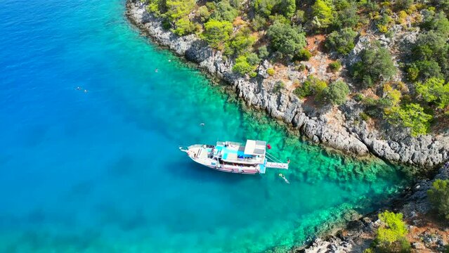 Amazing aerial view of mediterranean bay with boat. 