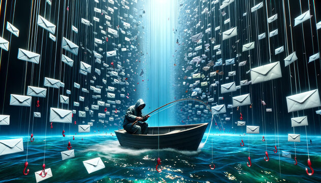 A hacker phishing on a digital ocean. Email phishing attempt. Cyber security concept. Cyber scam. Cyber crime. Wearing a hoodie.