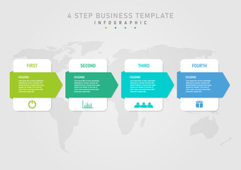 4 steps business infographic template Multi-colored acute-angled squares There is a white letter in the middle and a white square. Colored icons below the world map under a gray gradient background.