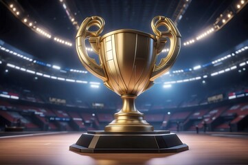 trophy standing on the stage in the middle of the arena, The esports winner