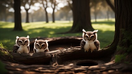Curious two baby owls inside tree hole nest peeking out of the hole. AI Generated