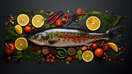 Fresh Fish with Vibrant Herbs, Spices, and Citrus on Dark Background
