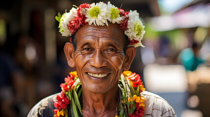 Portrait of a  man with flowers on her head on the island of Bali