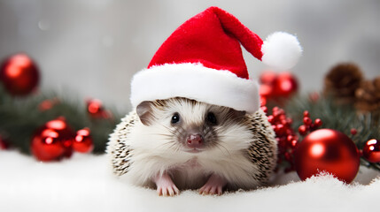 Obraz na płótnie Canvas A hedgehog wearing a Santa Claus hat in the background of Christmas decorations