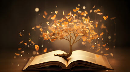 Golden Tree Emerging from an Open Book with Butterflies