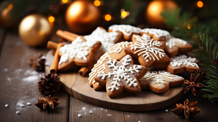 Festive Gingerbread Cookies with Icing, Set Amongst Cinnamon Sticks, Star Anise, Pine Cones, and Glittering Ornaments. - Powered by Adobe