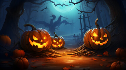 Fototapeta premium Halloween pumpkin decorations. Happy Halloween party background.