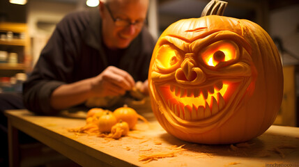 Carving Detailed Halloween Pumpkin Lantern in Workshop
