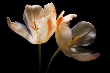 two delicate tulip blossoms with black background