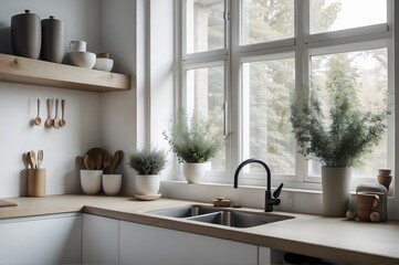 Scandinavian white minimalist kitchen room with a window cutlery