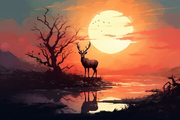 deer on branch against sunset sky, digital art, illustration painting. Generative AI