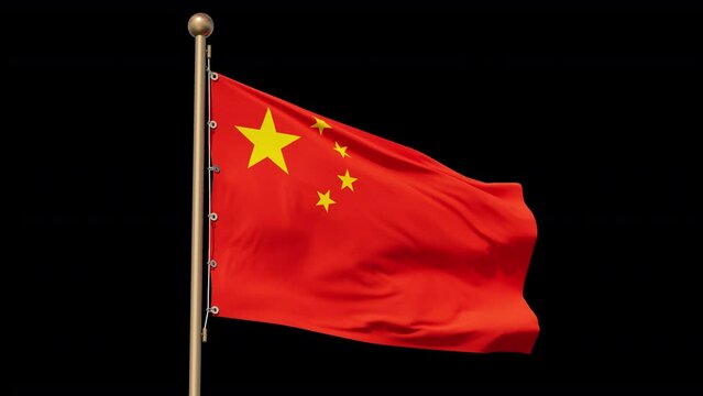 Flag of China, seamless loopable. Fabric texture, realistic wind, bottom view. Close-up. Alpha Channel.