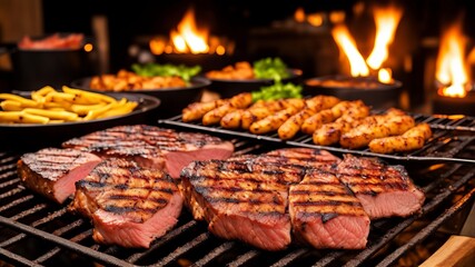 close up of meat on the grill and group of friends at background. AI Generated - Powered by Adobe