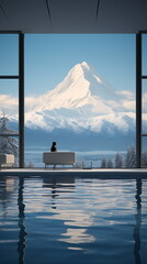 Illustration of Snowy Landscape with Hot Springs or Swimming Pool and Pine Trees Outside Floor-to-Ceiling Windows