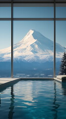 Illustration of Snowy Landscape with Hot Springs or Swimming Pool and Pine Trees Outside Floor-to-Ceiling Windows