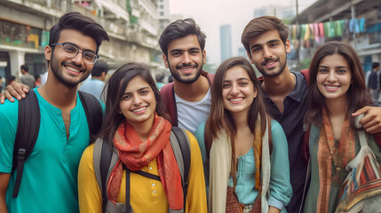 group of Pakistani, Indian and Bangadeshi students outside classroom  - obrazy, fototapety, plakaty