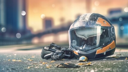 broken motorcycle helmet on street traffic accident concept