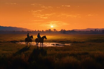 Two people riding horses on a grassy field at sunset