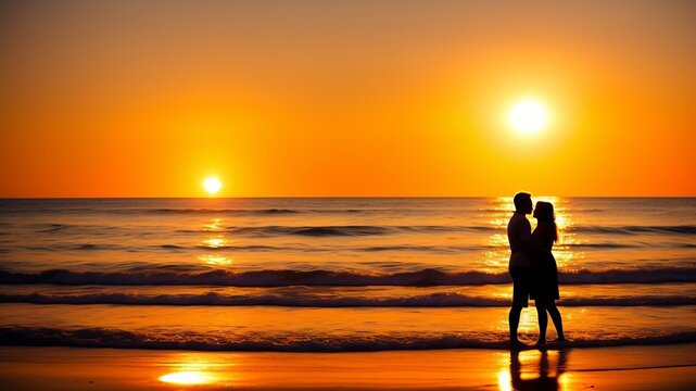 silhouette of a couple on the beach at sunset. AI Generated