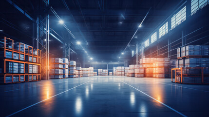 Interior of warehouse, commercial building for storage of goods. - obrazy, fototapety, plakaty