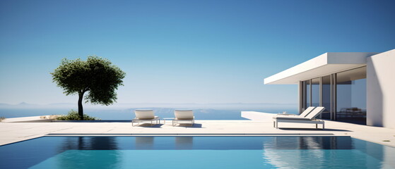 Fototapeta premium White Villa with Expansive Fresh Courtyard and Distant View of Snowy Mountains and Lake