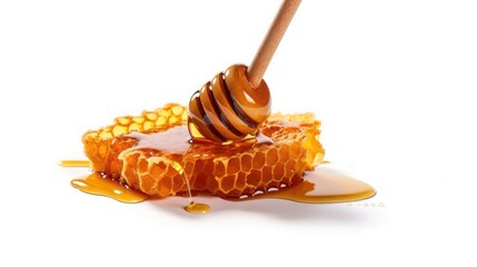 Honeycomb with honey spoon isolated on white background, bee products by organic natural ingredients concept