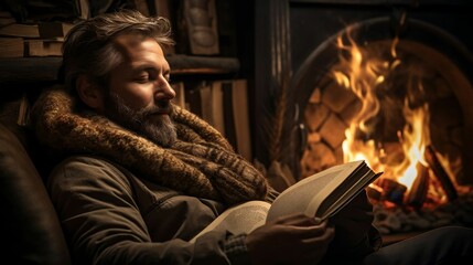 man Snuggled by the fireplace, lost in a book
