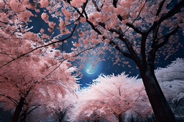 Nighttime scenery of cherry blossom trees (sakura) with full moon. Generative AI