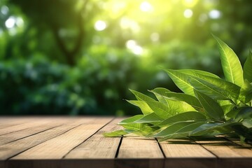 Blurred sunny green leaf background with wooden planks in foreground. Generative AI