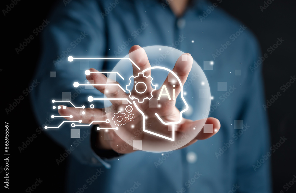 Fototapete Businessman using chatbot intelligence Ai.Smart robot Chat with AI Artificial Intelligence, generate in digital computer. Futuristic technology, robot in online system.
