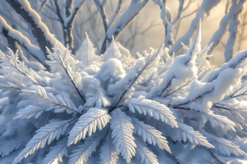 Frozen bushes covered with snow and frost. Winter landscape