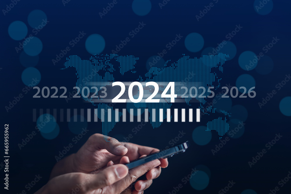 Poster Loading progress from 2023 to 2024 to countdown happy new year.