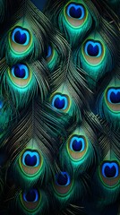 Obraz premium Rows of Peacock feathers, close up view, cinematic photography, portrait orientation, background, highly detailed 