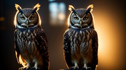 Studio portrait of surprised owl, on studio background. AI Generated