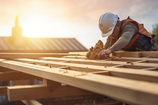 unrecognizable Roofer carpenter working on roof on construction site , soft lightinig