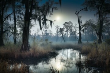 Fototapeta na wymiar A mystic night with a moon hanging over a swamp. Generative AI