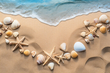 Fototapeta na wymiar visually compelling narrative by arranging starfish and seashells in the shape of a heart on the beach, with an open sandy space for your text or logo. Photo with copy space