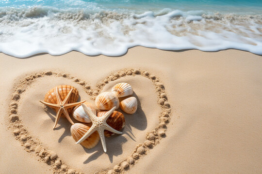 visually compelling narrative by arranging starfish and seashells in the shape of a heart on the beach, with an open sandy space for your text or logo. Photo with copy space