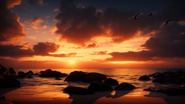 Rocky Beach Sunset Shoreline with Seagulls. AI Generated