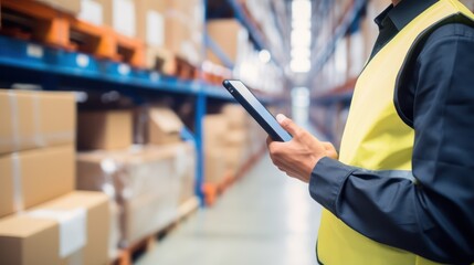 Businessman hand using digital tablet in warehouse
