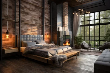 Fotobehang Cozy farmhouse industrial bedroom. The perfect blend of rustic and contemporary styles. Idea for those seeking a stylish, urban living space with vintage charm. © Mongkol