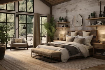 Foto op Canvas Cozy farmhouse industrial bedroom. The perfect blend of rustic and contemporary styles. Idea for those seeking a stylish, urban living space with vintage charm. © Mongkol