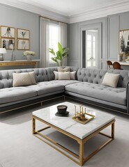 American style luxury living room with gray fabric sofa and marble stone coffee table