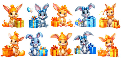 Obraz na płótnie Canvas Set of cute Rabbits, Bunnies Clipart Birthday, Illustration, on transparent Background, generated ai