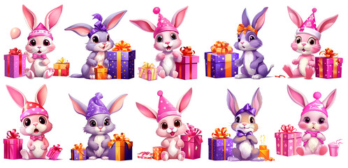Set of cute Rabbits, Bunnies Clipart Birthday, Illustration, on transparent Background, generated ai