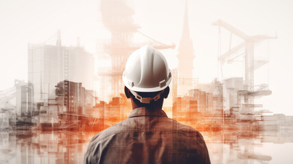 Double exposure of engineer and cityscape building background. Concept of engineering construction...