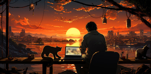 A cute cartoon image of a man working on a computer and having a pet cat. Nearby at sunset time