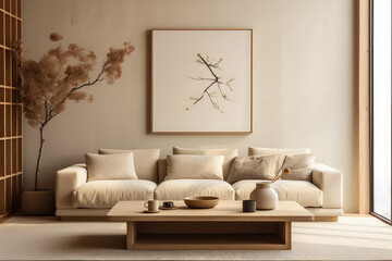 Japandi living room interior with a cozy beige couch in the modern apartment. The minimalistic design embodies the perfect blend of comfort and elegance for contemporary living spaces.