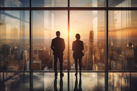 Silhouette of business person at office looking at cityscape. Concept for success in economic business leadership and vision of CEO. - Powered by Adobe